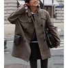 image:imagechouyatou Womens Houndstooth Plaid Wool Blend Pea Coat Double Breasted Lapel Trench Coat with PocketsCoffee Brown