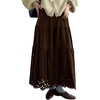 image:imagechouyatou Womens Faux Suede Leather Skirt Lace Crochet Eyelet Elastic Waist Fall Winter Maxi Tiered SkirtDark Brown