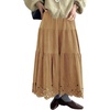 image:imagechouyatou Womens Faux Suede Leather Skirt Lace Crochet Eyelet Elastic Waist Fall Winter Maxi Tiered SkirtLight Brown