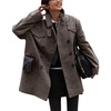 image:imagechouyatou Womens Houndstooth Plaid Wool Blend Pea Coat Double Breasted Lapel Trench Coat with PocketsCoffee Brown