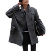 image:imagechouyatou Womens Houndstooth Plaid Wool Blend Pea Coat Double Breasted Lapel Trench Coat with PocketsDark Gray
