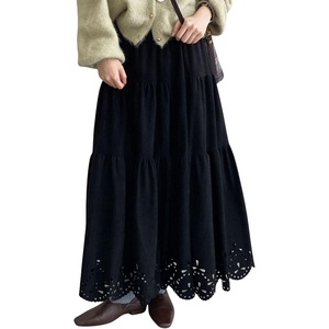 image:imagechouyatou Womens Faux Suede Leather Skirt Lace Crochet Eyelet Elastic Waist Fall Winter Maxi Tiered SkirtBlack
