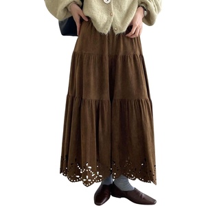 image:imagechouyatou Womens Faux Suede Leather Skirt Lace Crochet Eyelet Elastic Waist Fall Winter Maxi Tiered SkirtBrown