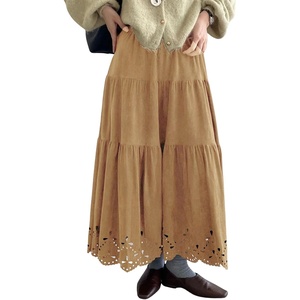 image:imagechouyatou Womens Faux Suede Leather Skirt Lace Crochet Eyelet Elastic Waist Fall Winter Maxi Tiered SkirtLight Brown