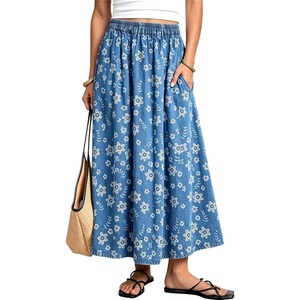 image:imagechouyatou Womens Floral Print Boho Denim Skirt Flare Long Jean SkirtBlue