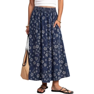 image:imagechouyatou Womens Floral Print Boho Denim Skirt Flare Long Jean SkirtDark Blue