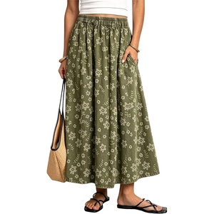 image:imagechouyatou Womens Floral Print Boho Denim Skirt Flare Long Jean SkirtGreen