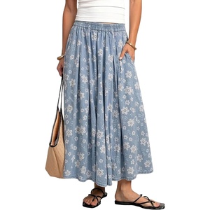 image:imagechouyatou Womens Floral Print Boho Denim Skirt Flare Long Jean SkirtLight Blue