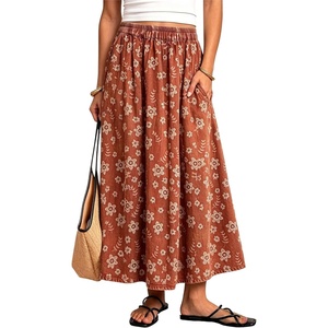 image:imagechouyatou Womens Floral Print Boho Denim Skirt Flare Long Jean SkirtRed