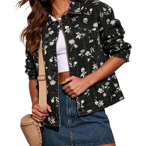 image:imagechouyatou Womens Floral Print Denim Trucker Jacket Button Down Jean CoatsBlack