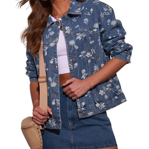 image:imagechouyatou Womens Floral Print Denim Trucker Jacket Button Down Jean CoatsBlue