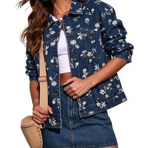 image:imagechouyatou Womens Floral Print Denim Trucker Jacket Button Down Jean CoatsDark Blue