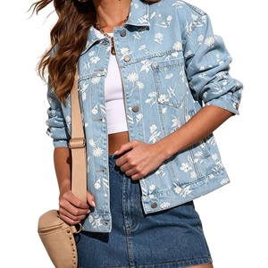 image:imagechouyatou Womens Floral Print Denim Trucker Jacket Button Down Jean CoatsLight Blue