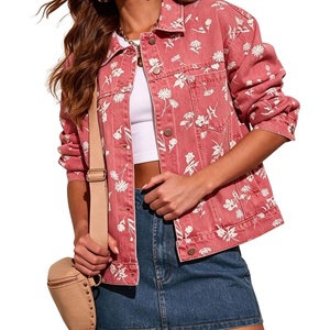 image:imagechouyatou Womens Floral Print Denim Trucker Jacket Button Down Jean CoatsWatermelon Red