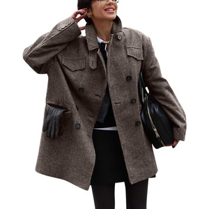image:imagechouyatou Womens Houndstooth Plaid Wool Blend Pea Coat Double Breasted Lapel Trench Coat with PocketsCoffee Brown