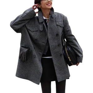 image:imagechouyatou Womens Houndstooth Plaid Wool Blend Pea Coat Double Breasted Lapel Trench Coat with PocketsDark Gray