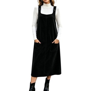 image:imagechouyatou Womens Square Neck Sleeveless A Line Corduroy Overall DressBlack