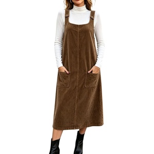 image:imagechouyatou Womens Square Neck Sleeveless A Line Corduroy Overall DressBrown