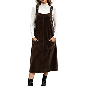 image:imagechouyatou Womens Square Neck Sleeveless A Line Corduroy Overall DressCoffee