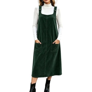 image:imagechouyatou Womens Square Neck Sleeveless A Line Corduroy Overall DressDark Green