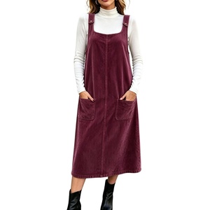 image:imagechouyatou Womens Square Neck Sleeveless A Line Corduroy Overall DressFuchsia