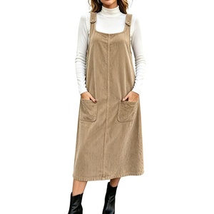 image:imagechouyatou Womens Square Neck Sleeveless A Line Corduroy Overall DressKhaki