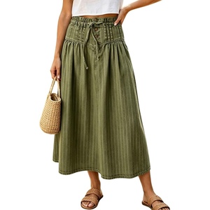 image:imagechouyatou Womens Striped Printed Denim Skirt A Line Jean Midi Long SkirtArmy Green