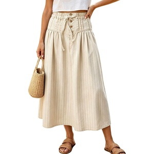 image:imagechouyatou Womens Striped Printed Denim Skirt A Line Jean Midi Long SkirtBeige White