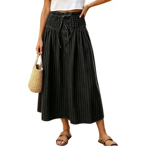 image:imagechouyatou Womens Striped Printed Denim Skirt A Line Jean Midi Long SkirtBlack