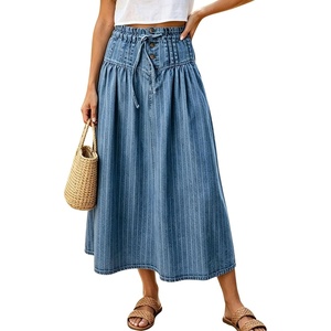 image:imagechouyatou Womens Striped Printed Denim Skirt A Line Jean Midi Long SkirtBlue