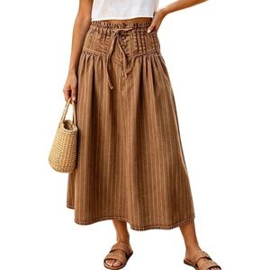 image:imagechouyatou Womens Striped Printed Denim Skirt A Line Jean Midi Long SkirtBrown