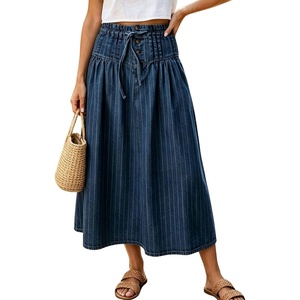 image:imagechouyatou Womens Striped Printed Denim Skirt A Line Jean Midi Long SkirtDark Blue