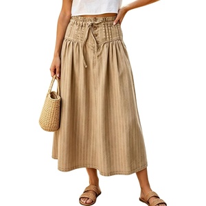 image:imagechouyatou Womens Striped Printed Denim Skirt A Line Jean Midi Long SkirtKhaki