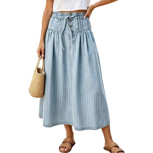 image:imagechouyatou Womens Striped Printed Denim Skirt A Line Jean Midi Long SkirtLight Blue