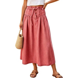 image:imagechouyatou Womens Striped Printed Denim Skirt A Line Jean Midi Long SkirtWatermelon Red
