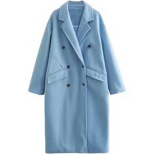 image:imagechouyatou Womens Winter Warm Notch Lapel Double Breasted Long Wool Coat OvercoatBlue