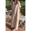 image:imagechouyatou Women Casual Cotton Short Sleeve V Neck Long Dress A Line Linen Maxi Shirt Dress with Side PoketsBeige