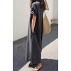 image:imagechouyatou Women Casual Cotton Short Sleeve V Neck Long Dress A Line Linen Maxi Shirt Dress with Side PoketsBlack Grey
