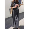 image:imagechouyatou Women Casual Cotton Short Sleeve V Neck Long Dress A Line Linen Maxi Shirt Dress with Side PoketsBlack Grey