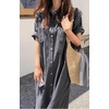 image:imagechouyatou Women Casual Cotton Short Sleeve V Neck Long Dress A Line Linen Maxi Shirt Dress with Side PoketsBlack Grey