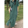 image:imagechouyatou Women Casual Cotton Short Sleeve V Neck Long Dress A Line Linen Maxi Shirt Dress with Side PoketsGreen