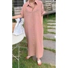 image:imagechouyatou Women Casual Cotton Short Sleeve V Neck Long Dress A Line Linen Maxi Shirt Dress with Side PoketsPink