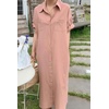 image:imagechouyatou Women Casual Cotton Short Sleeve V Neck Long Dress A Line Linen Maxi Shirt Dress with Side PoketsPink
