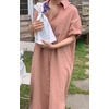 image:imagechouyatou Women Casual Cotton Short Sleeve V Neck Long Dress A Line Linen Maxi Shirt Dress with Side PoketsPink