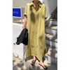 image:imagechouyatou Women Casual Cotton Short Sleeve V Neck Long Dress A Line Linen Maxi Shirt Dress with Side PoketsYellow