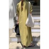 image:imagechouyatou Women Casual Cotton Short Sleeve V Neck Long Dress A Line Linen Maxi Shirt Dress with Side PoketsYellow