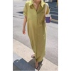image:imagechouyatou Women Casual Cotton Short Sleeve V Neck Long Dress A Line Linen Maxi Shirt Dress with Side PoketsYellow