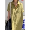 image:imagechouyatou Women Casual Cotton Short Sleeve V Neck Long Dress A Line Linen Maxi Shirt Dress with Side PoketsYellow