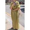 image:imagechouyatou Women Casual Cotton Short Sleeve V Neck Long Dress A Line Linen Maxi Shirt Dress with Side PoketsYellow