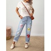 image:imagechouyatou Womens Floral Embroidery Baggy Jeans Barrel Wide Leg Denim PantsLight Blue